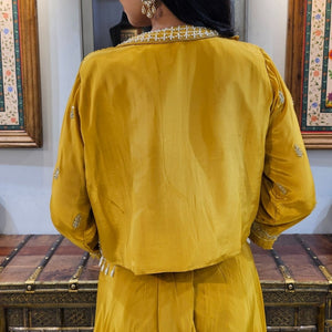 Yellow Crepe Indowestern 3 Piece with Cutdana and Pearl Work