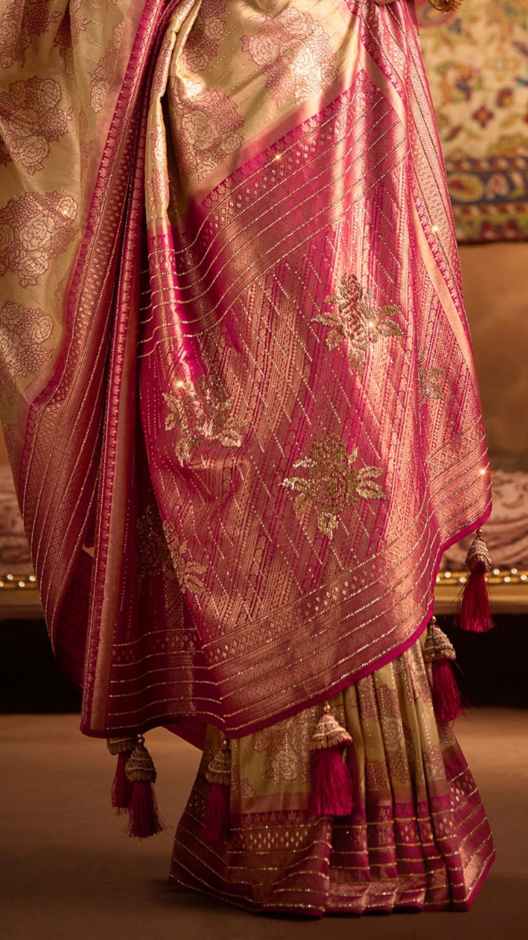Pink and Beige Kanjiviram Silk Saree With Zarkan and Swarovski Work