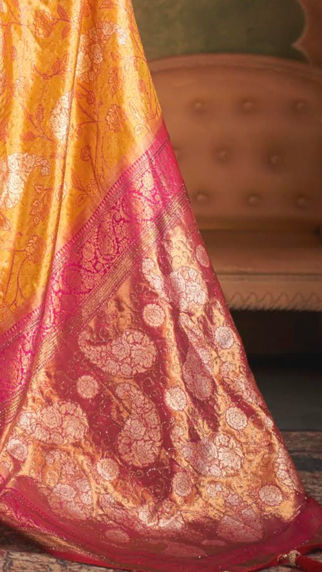 Pink and Mustard Kanjivaram Silk Saree with Swarovski Work