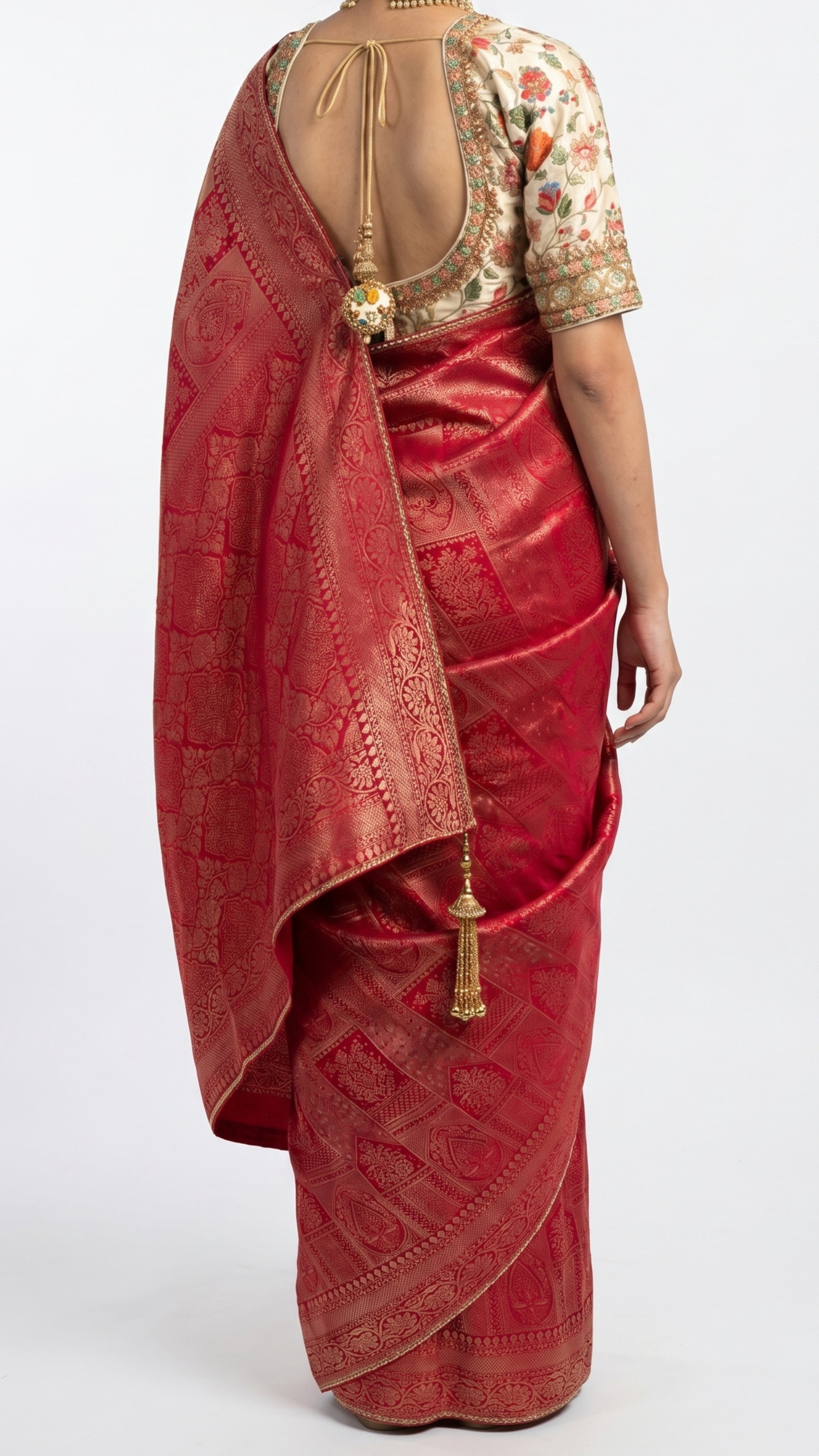 Red Silk Saree with Hand Print & Work