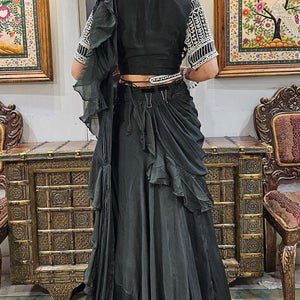 Olive Green Chinon Indowestern with Sequins and Pearl Work