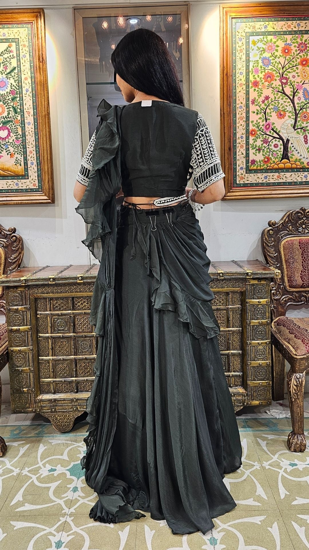 Olive Green Chinon Indowestern with Sequins and Pearl Work