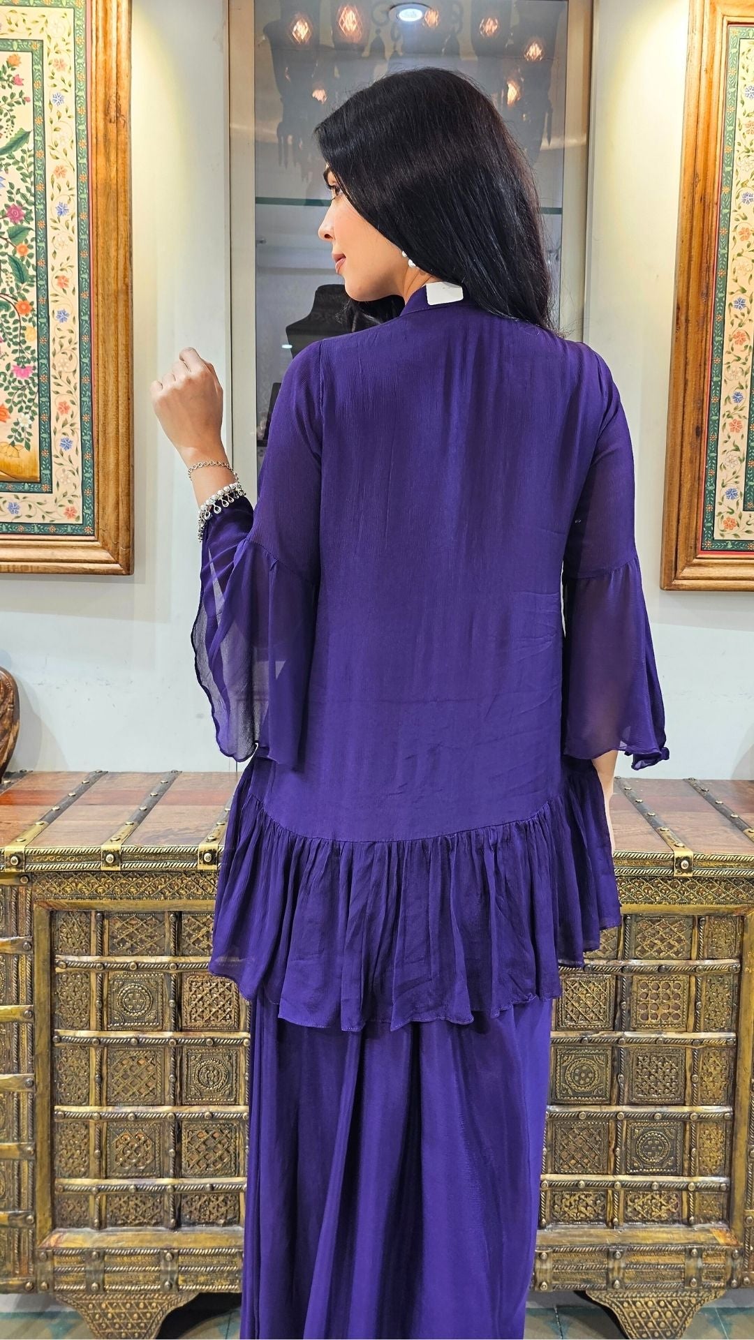 Purple Chinon Indowestern Top and Bottom with Sequins,Cutdana and Pearl Work