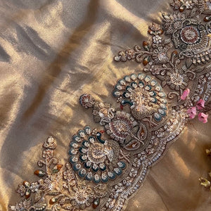 Golden Tissue Unstitched Saree Embellished With Sequins, Dori, Dabka & Cutdana Work