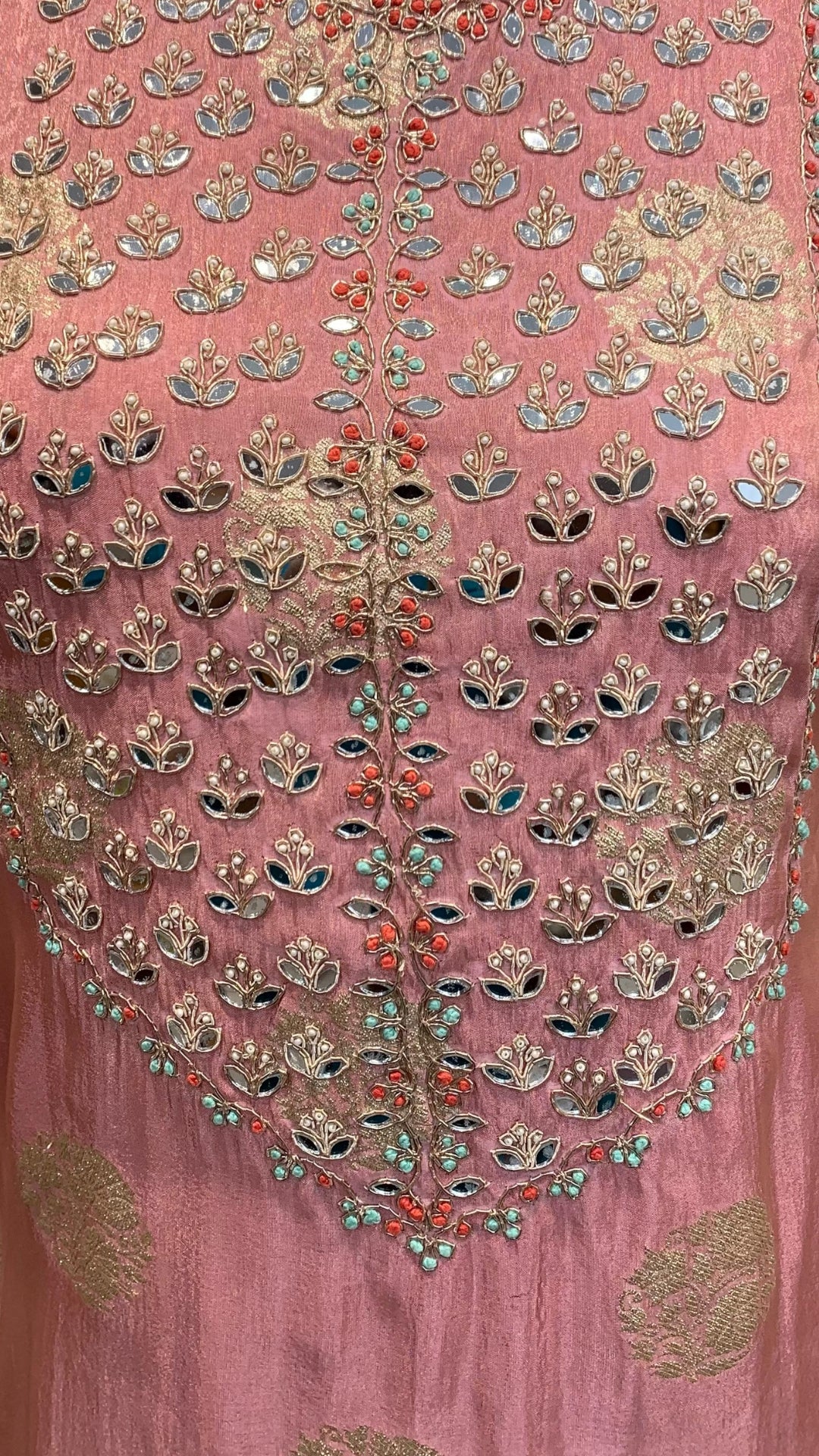 Pink Banarasi Tissue Suit with Mirror, Dabka & Moti Detailing