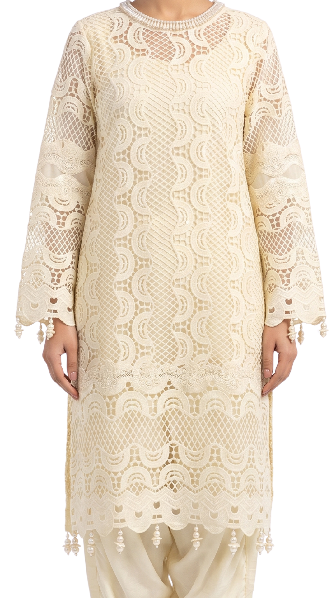 Off White  Muslin Cutwork lace and  Pearl Sequins