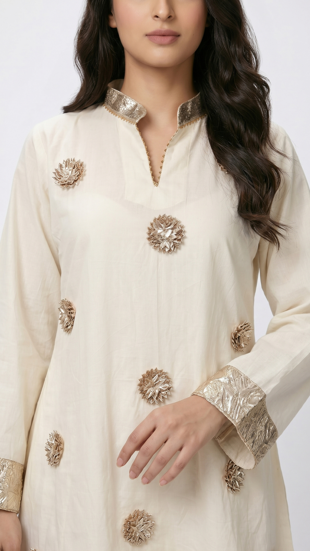 White Cotton Coord Set with Golden Gota Work