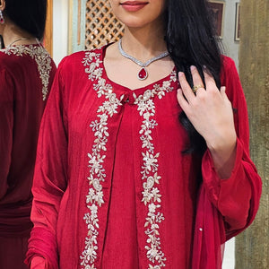 Maroon Chinon Indowestern Top,Bottom,Cape and Dupatta with Pearl,Sequins and Dabka Work