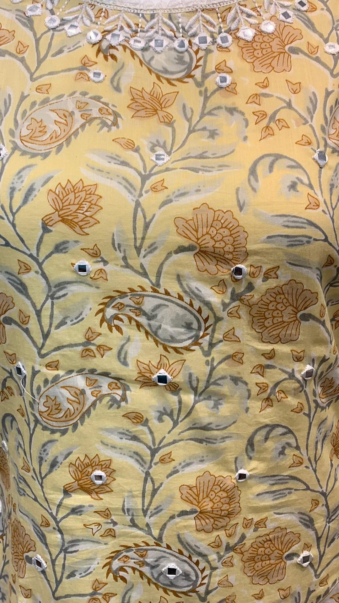 Yellow Digital Printed Cotton Suit With Thread & Patti Work