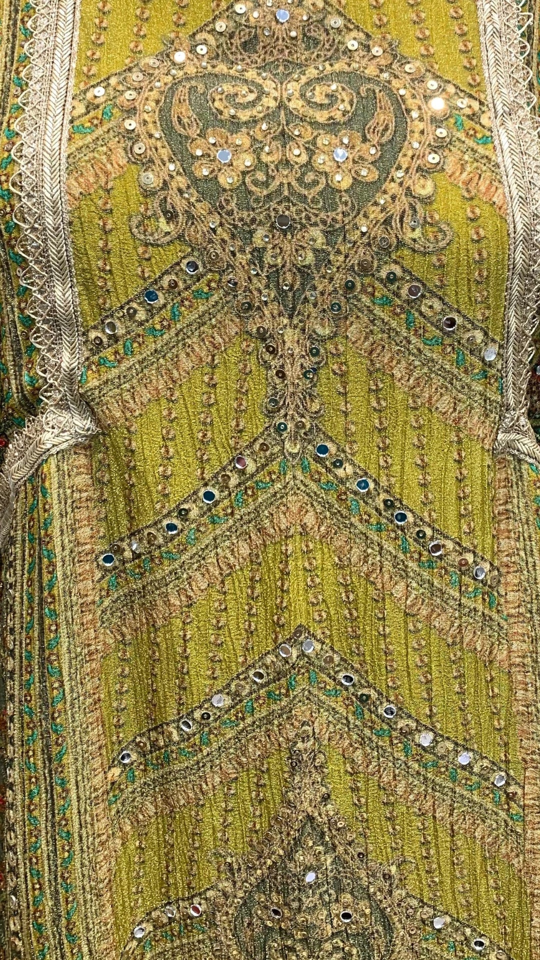 Green Wrinkled Tissue with Digital Print, Moti & Stone Work Indo Western
