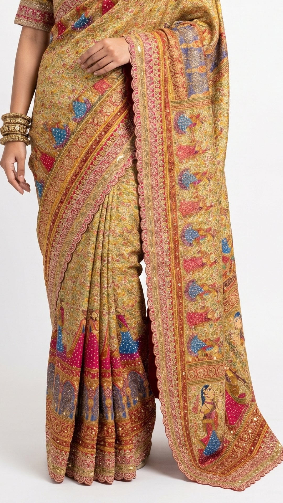 Champagne Gold Tissue Silk Saree with Mirror & Kundan Work