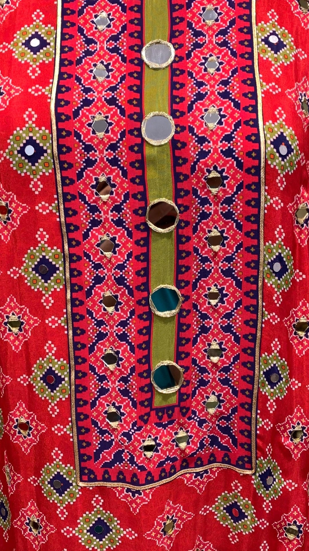 Cherry Red Crepe Coord Set with Digital Print, Zari & Mirror Detailing