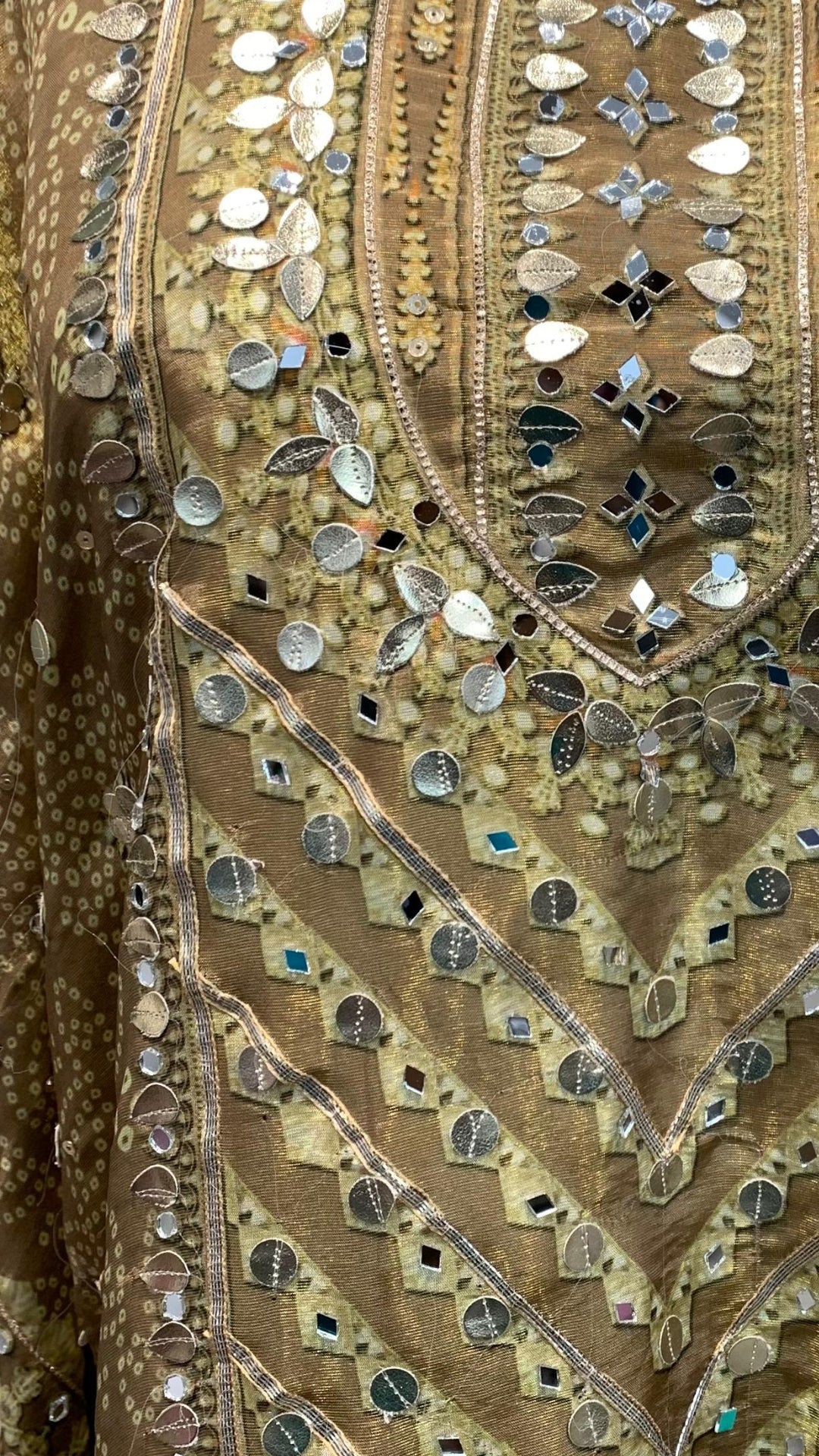 Antique Gold Tissue Kaftan Coord Set with Gota Patti, Digital Print & Sequin Detailing