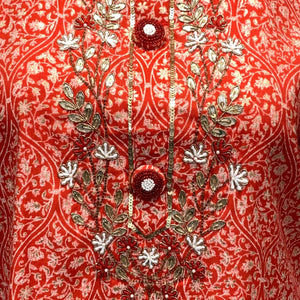 Red Muslin Cotton Block & Gold Print Suit with Dabka, Seqiuns & Gota Patti Detailing