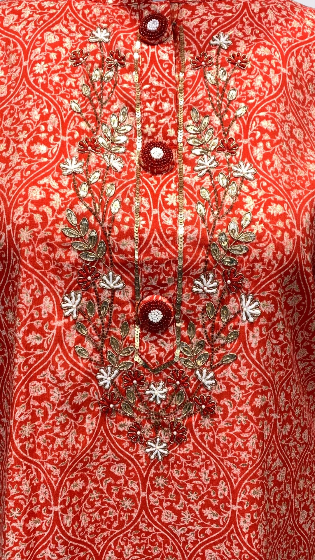Red Muslin Cotton Block & Gold Print Suit with Dabka, Seqiuns & Gota Patti Detailing