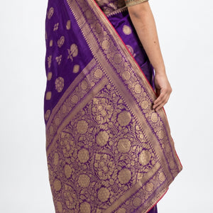 Purple Banarasi Silk Saree with Stitched Pink Blouse and Weaving Work