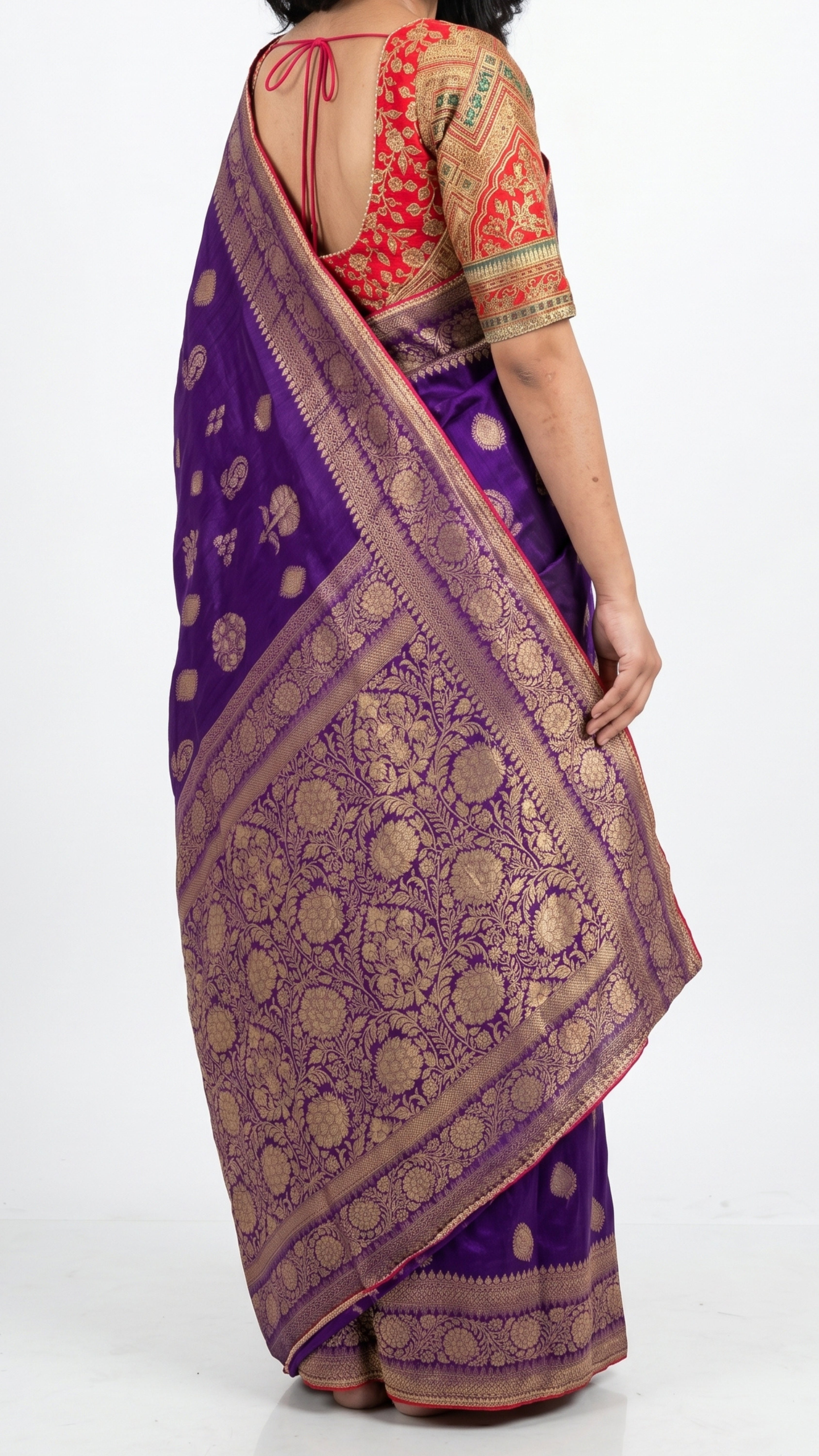 Purple Banarasi Silk Saree with Stitched Pink Blouse and Weaving Work