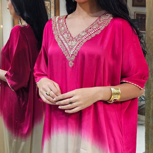 Ombre Pink Satin Crepe Indowestern Kaaftan and Bottom with Gota and Pearl Work