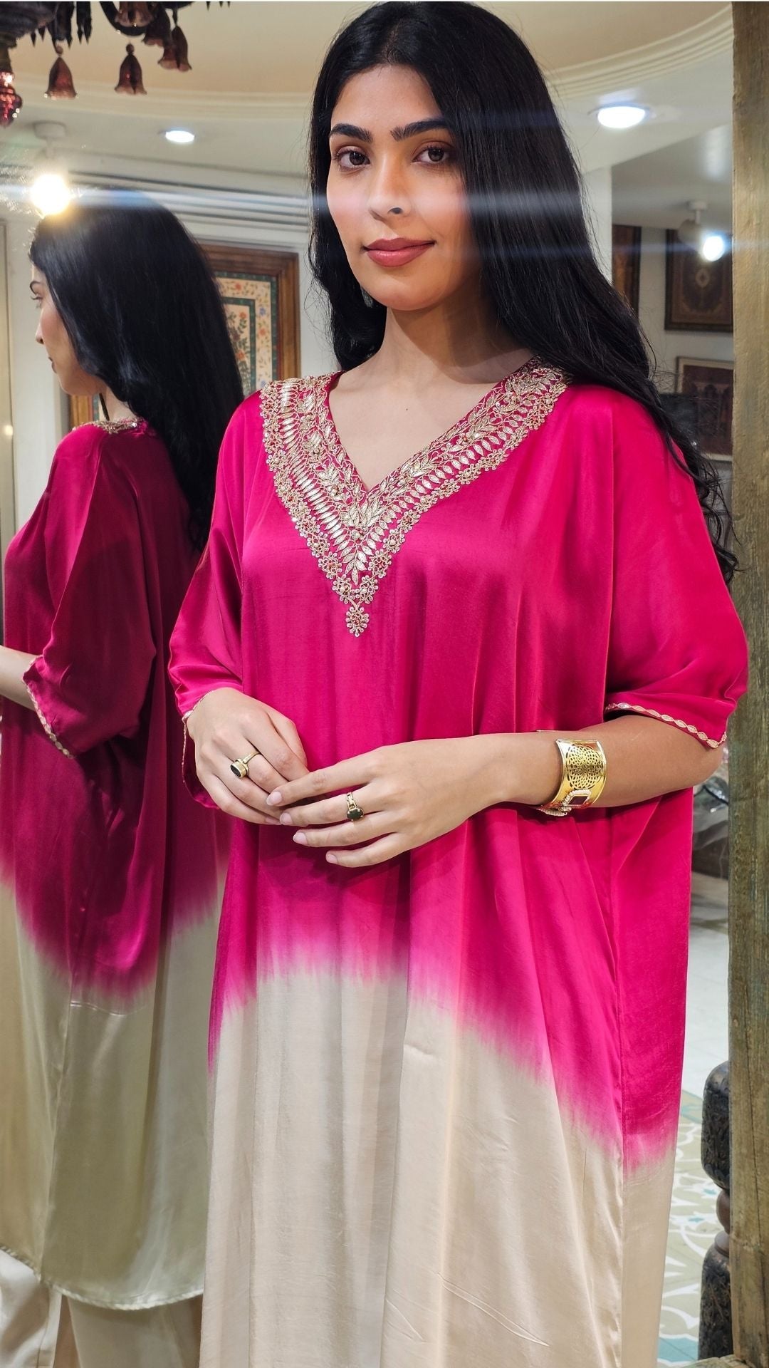 Ombre Pink Satin Crepe Indowestern Kaaftan and Bottom with Gota and Pearl Work