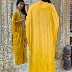 Yellow Chinon Indowestern Top,Jacket and Bottom with Resham Thread and Pearl Work