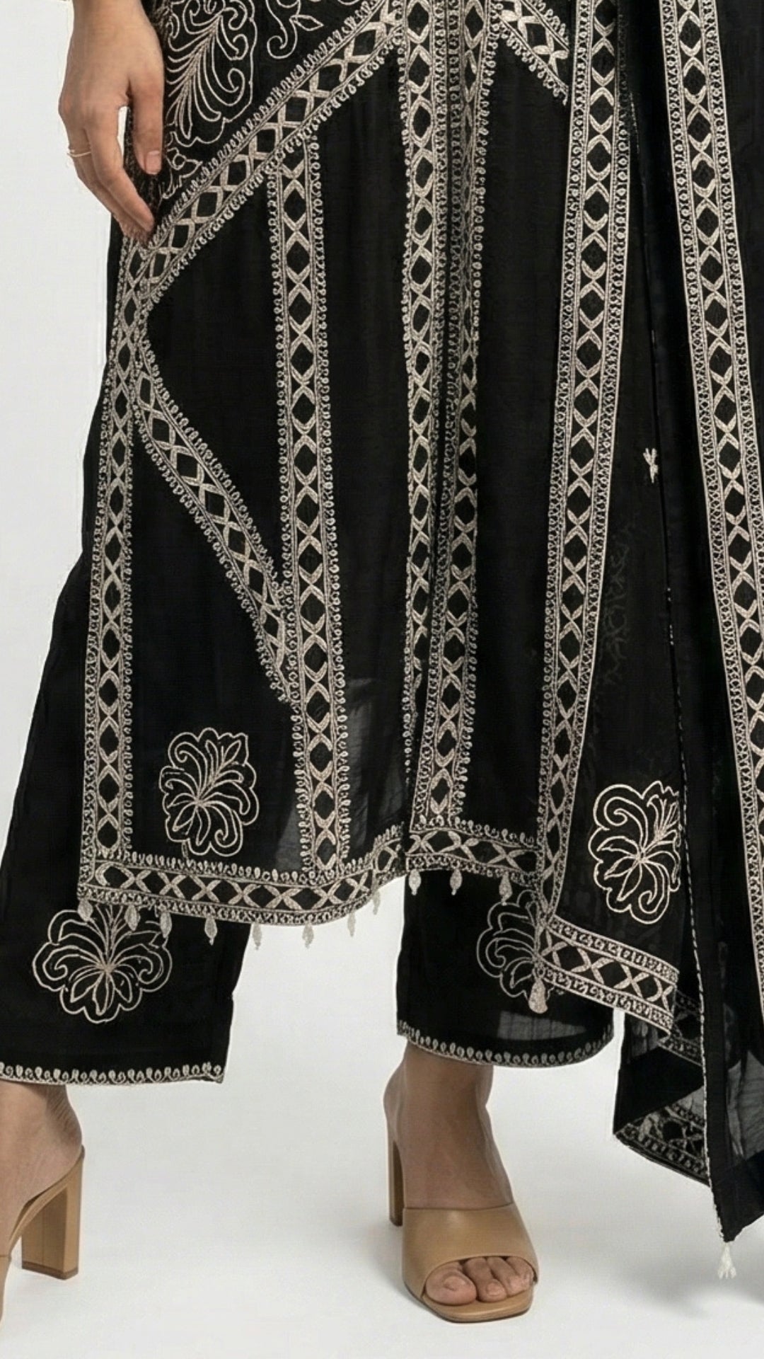 Black Chinon Suit Set with Thread Work Detailing