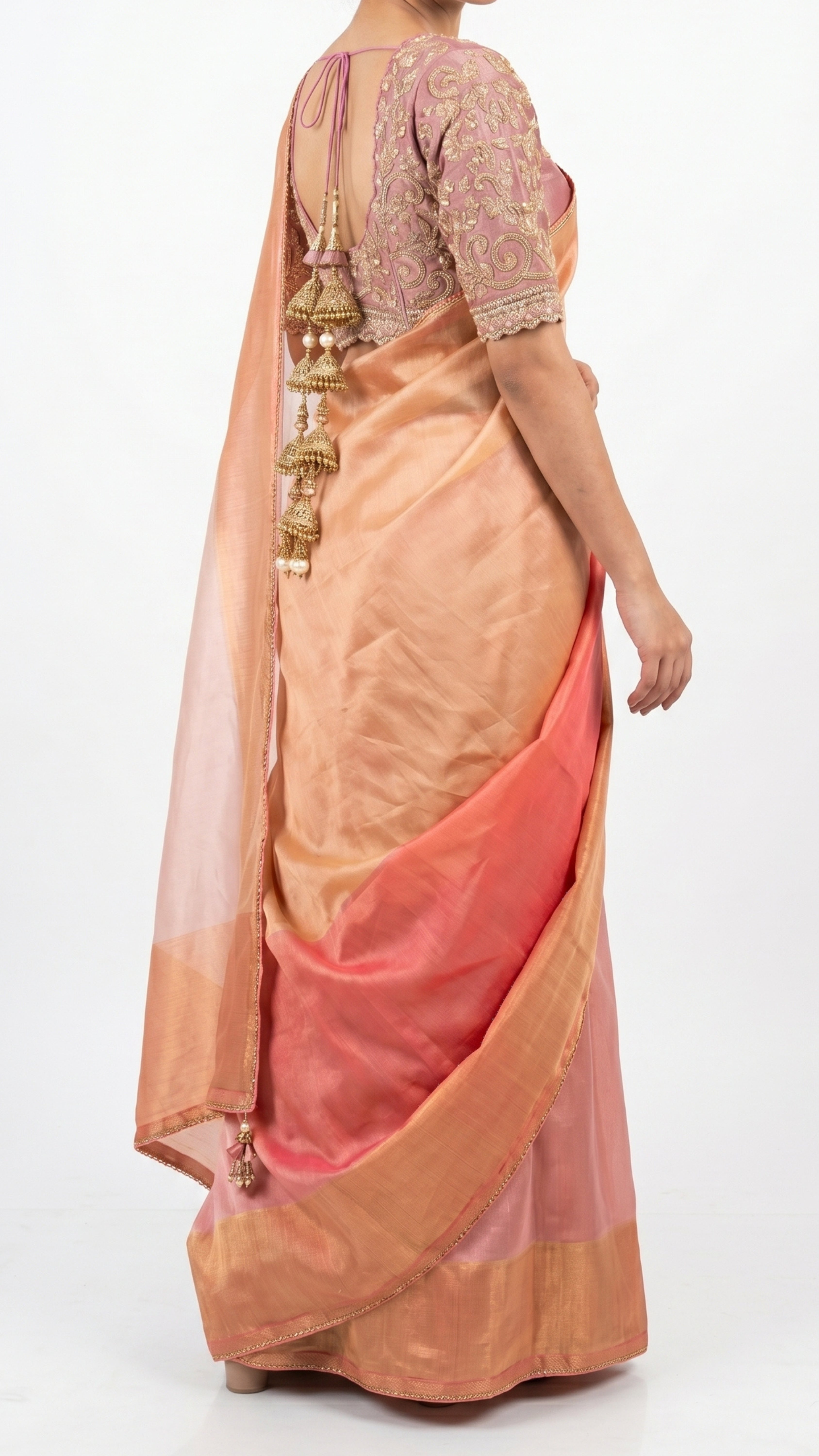 Baby Pink Silk Saree with Stitched Blouse and Zari, Cutdana & Sequins Work