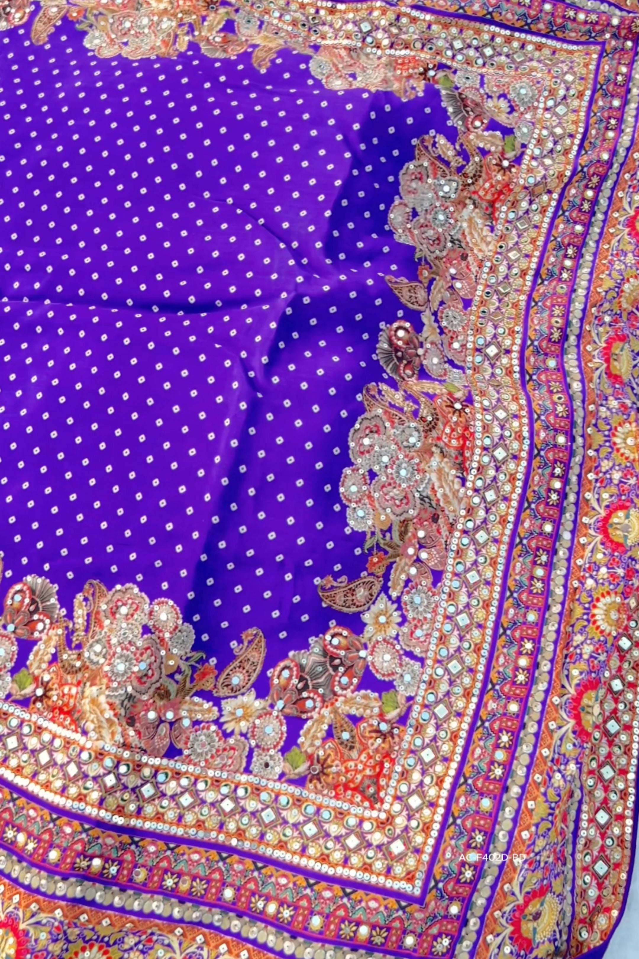 Rani Crepe Saree Embellished With Sequins & Mirror Work