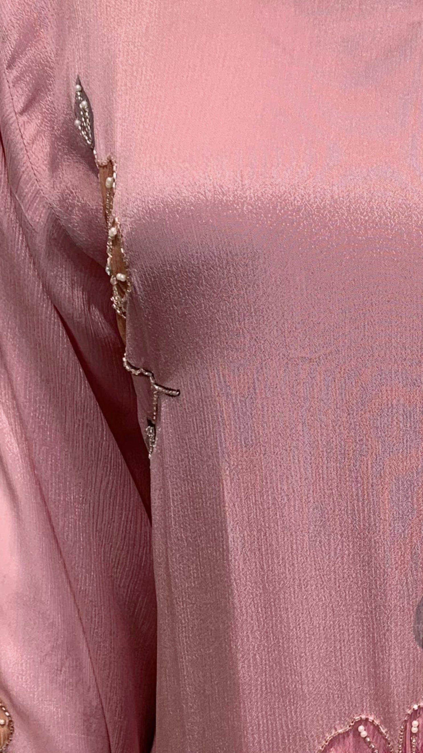 Pink Chinon Suit with Sequins, Hand Print, Cutdana & Stone Detailing