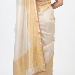Ivory Silk Saree with Stitched Blouse and Zari, Cutdana & Sequins Work