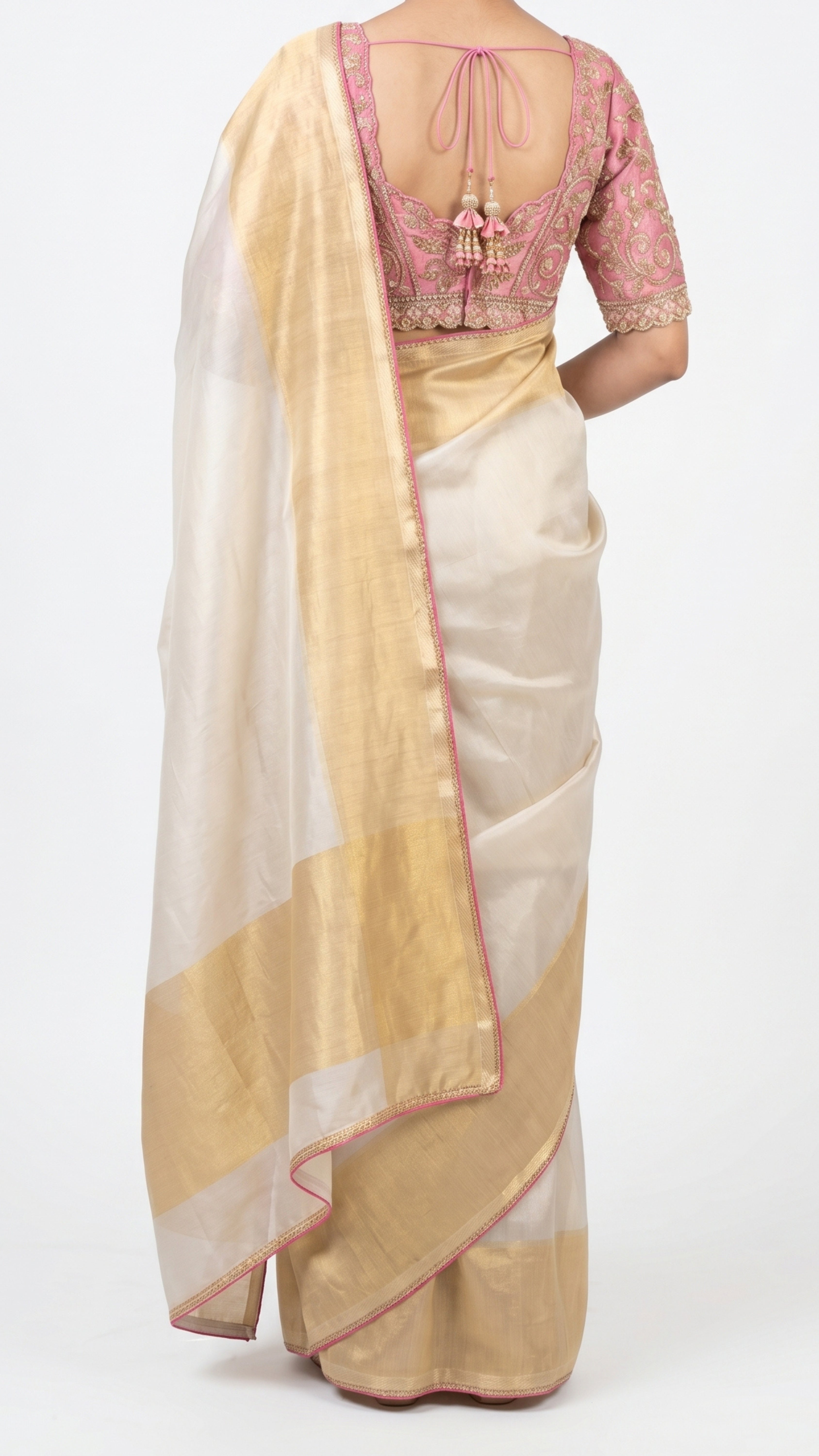 Ivory Silk Saree with Stitched Blouse and Zari, Cutdana & Sequins Work