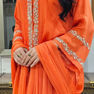 Orange Chinon Indowestern Top,Bottom and Dupatta with Swarovski,Sequins and Pearl Work