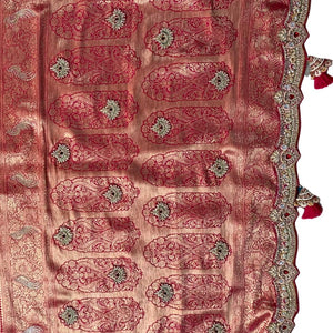 Rani Banarasi Silk Unstitched Saree with Dupatta Embellished with Thread & Stone Work