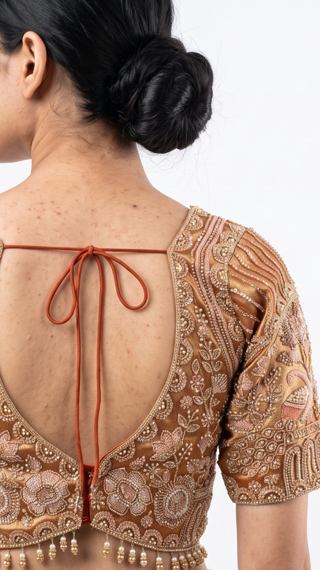 Rust Tissue Saree Embellished With Sequins, Moti & Cut Dana Work