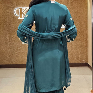 Peacock Green Crepe Indowestern Top,Bottom and Dupatta with Sequins and Cutdana Work