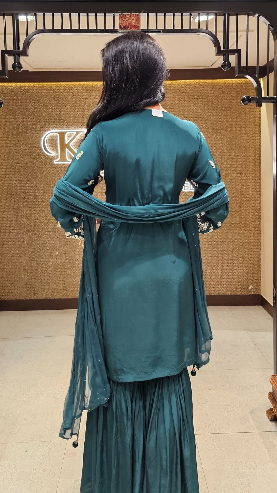 Peacock Green Crepe Indowestern Top,Bottom and Dupatta with Sequins and Cutdana Work