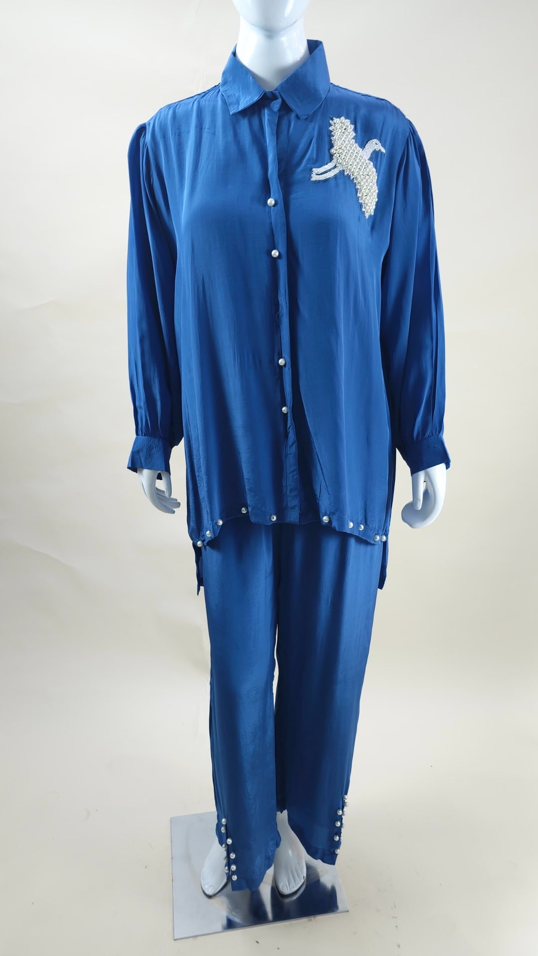 Blue Crepe Co-ord Set With Pearl and Nalki Work