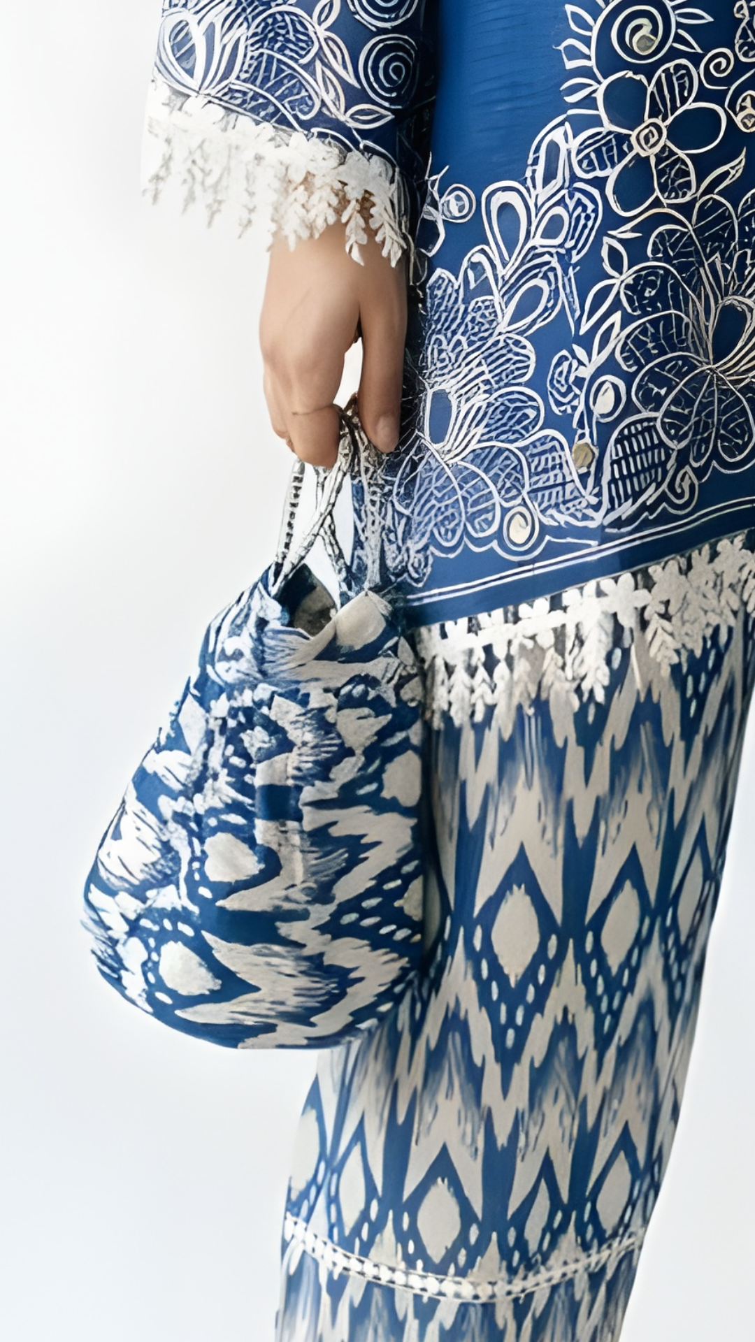 Blue Handloom Cotton Coord Set with Moti, Sequin & Lace Detailing