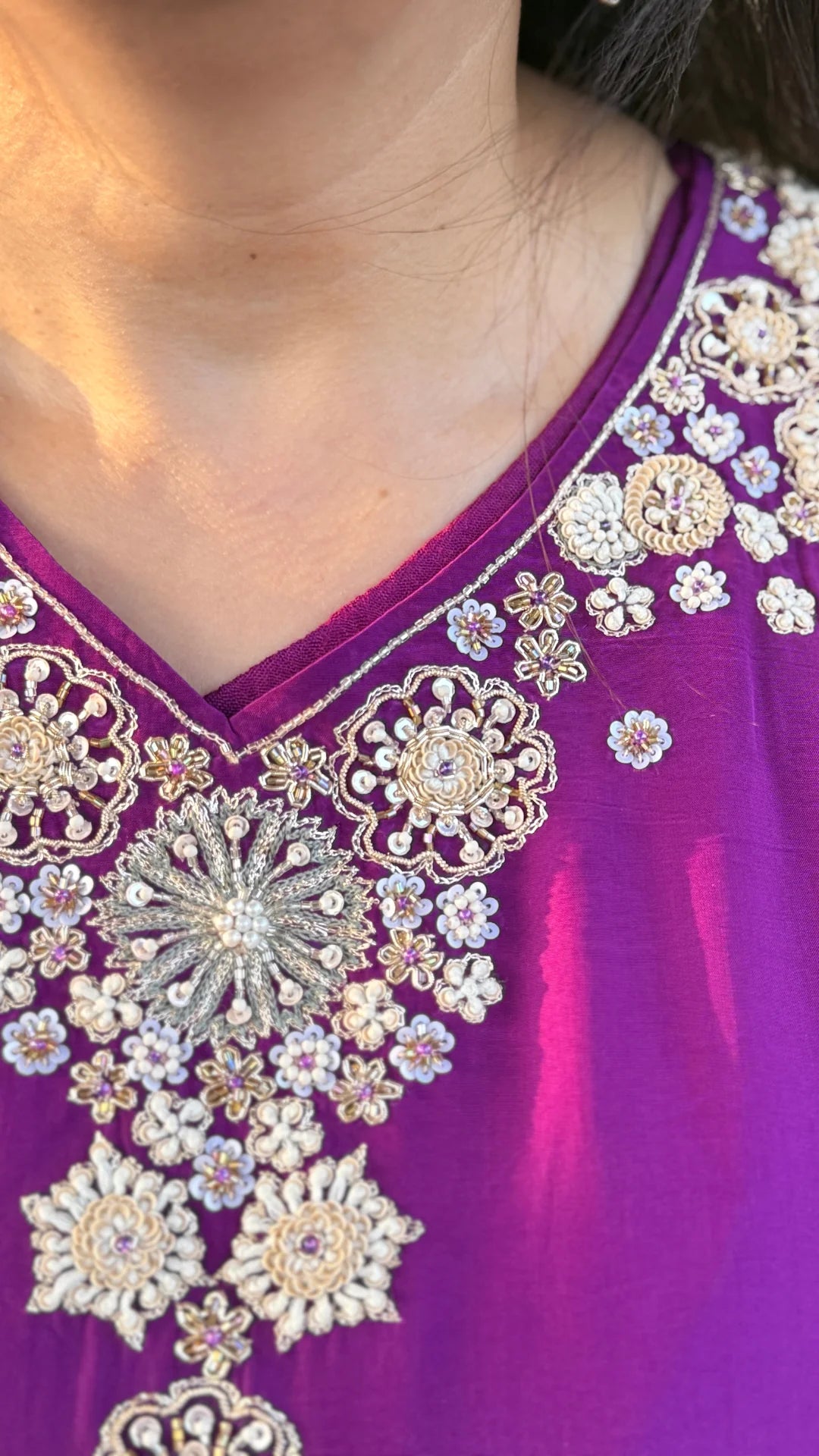 Purple Crepe Embroidered Kaftan with Salwar