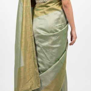 Sage Green Silk Saree with Stitched Blouse and Zari, Cutdana & Sequins Work
