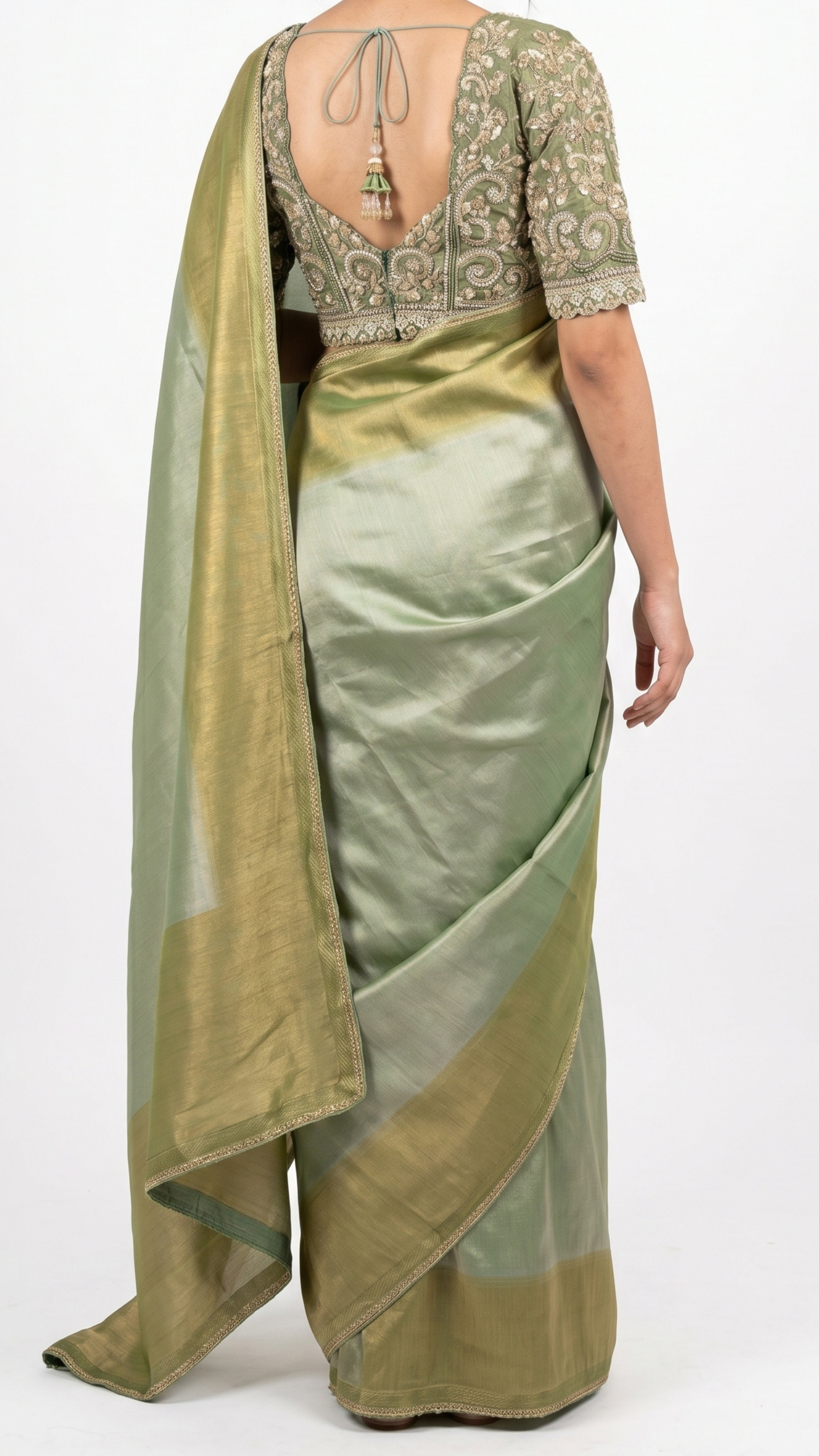 Sage Green Silk Saree with Stitched Blouse and Zari, Cutdana & Sequins Work