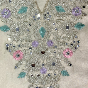 Beige Tissue Unstitched Suit  Thread Work With Zari Work and  Mirror Work