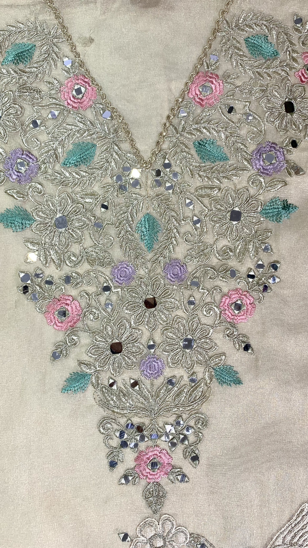 Beige Tissue Unstitched Suit  Thread Work With Zari Work and  Mirror Work