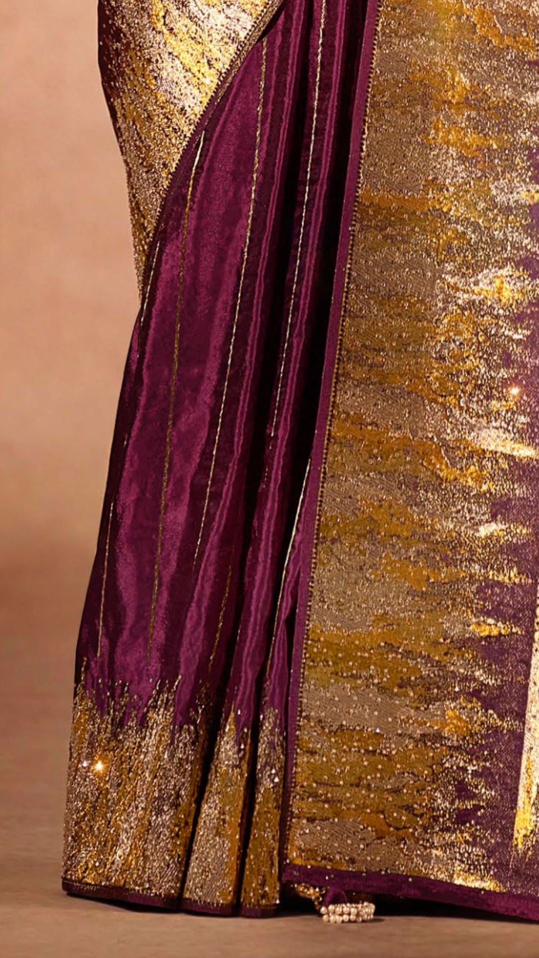 Wine Silk Satin Saree with Swarovski Work