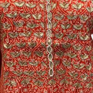 Red Muslin Block & Gold Print Suit with Dabka, Cutdana, Moti & Gota Patti Detailing