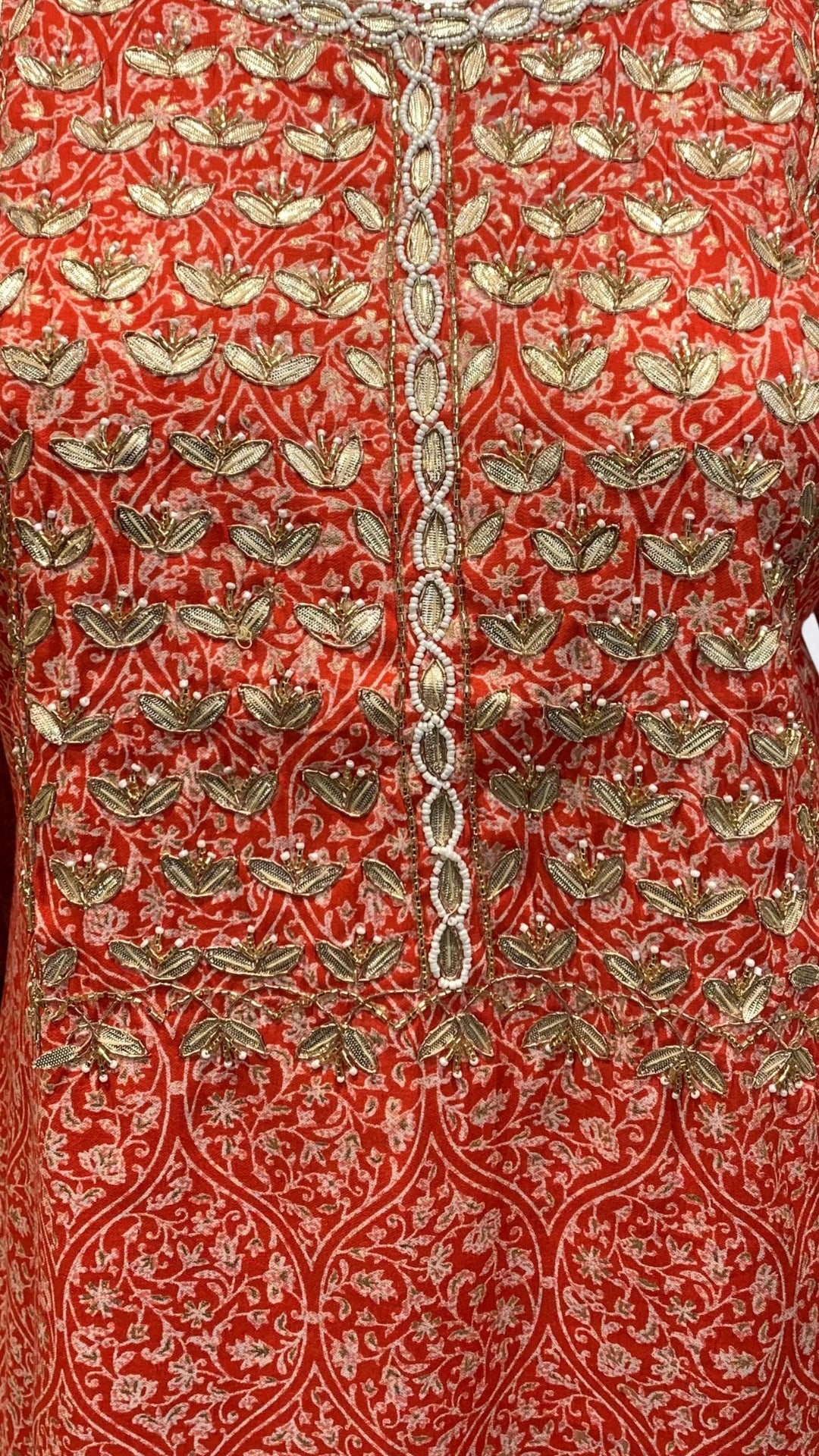 Red Muslin Block & Gold Print Suit with Dabka, Cutdana, Moti & Gota Patti Detailing