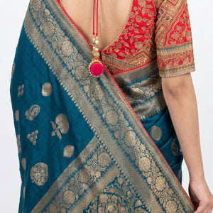 Blue Banarasi Silk Saree with Stitched Pink Blouse and Weaving Work