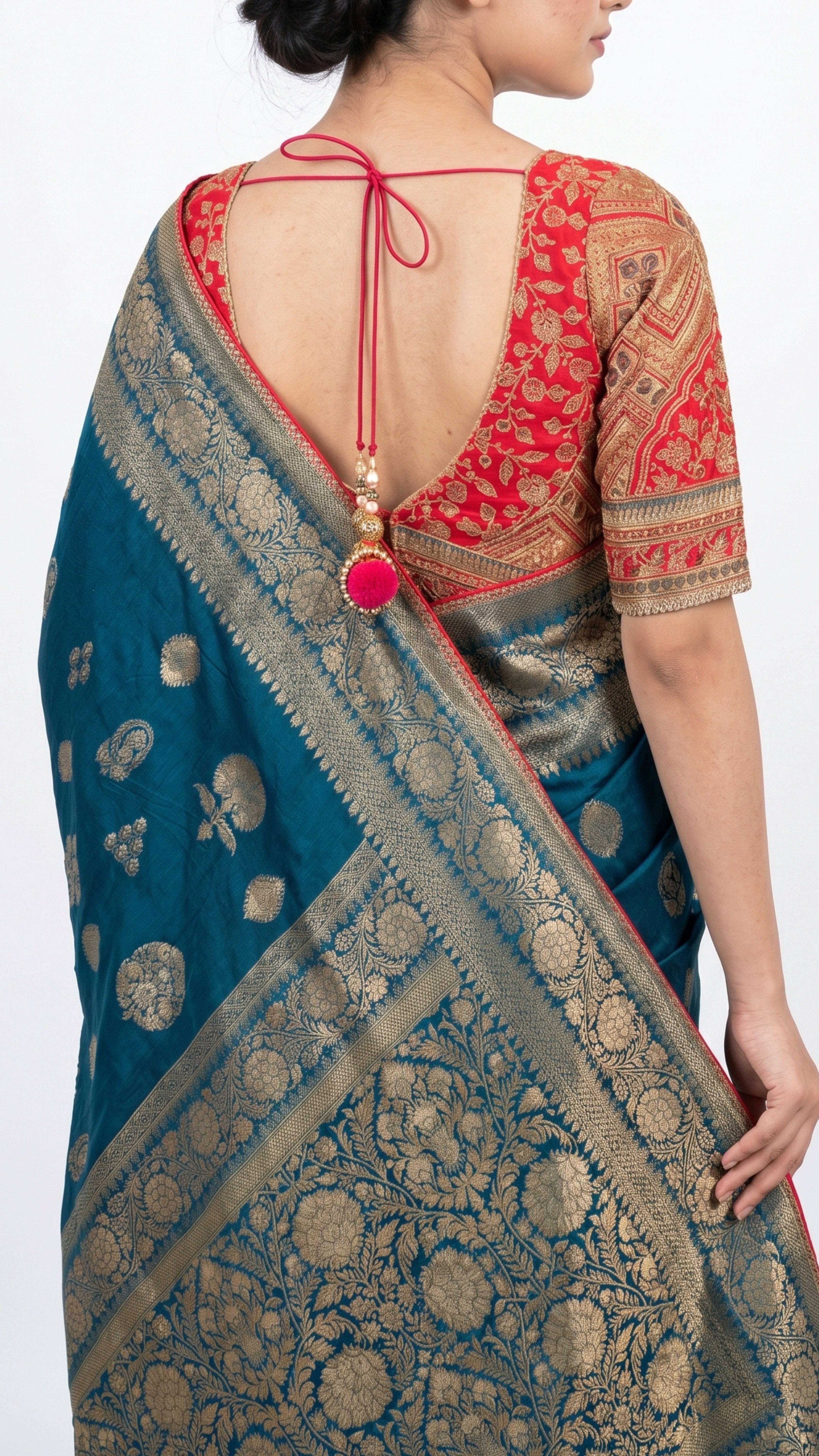 Blue Banarasi Silk Saree with Stitched Pink Blouse and Weaving Work