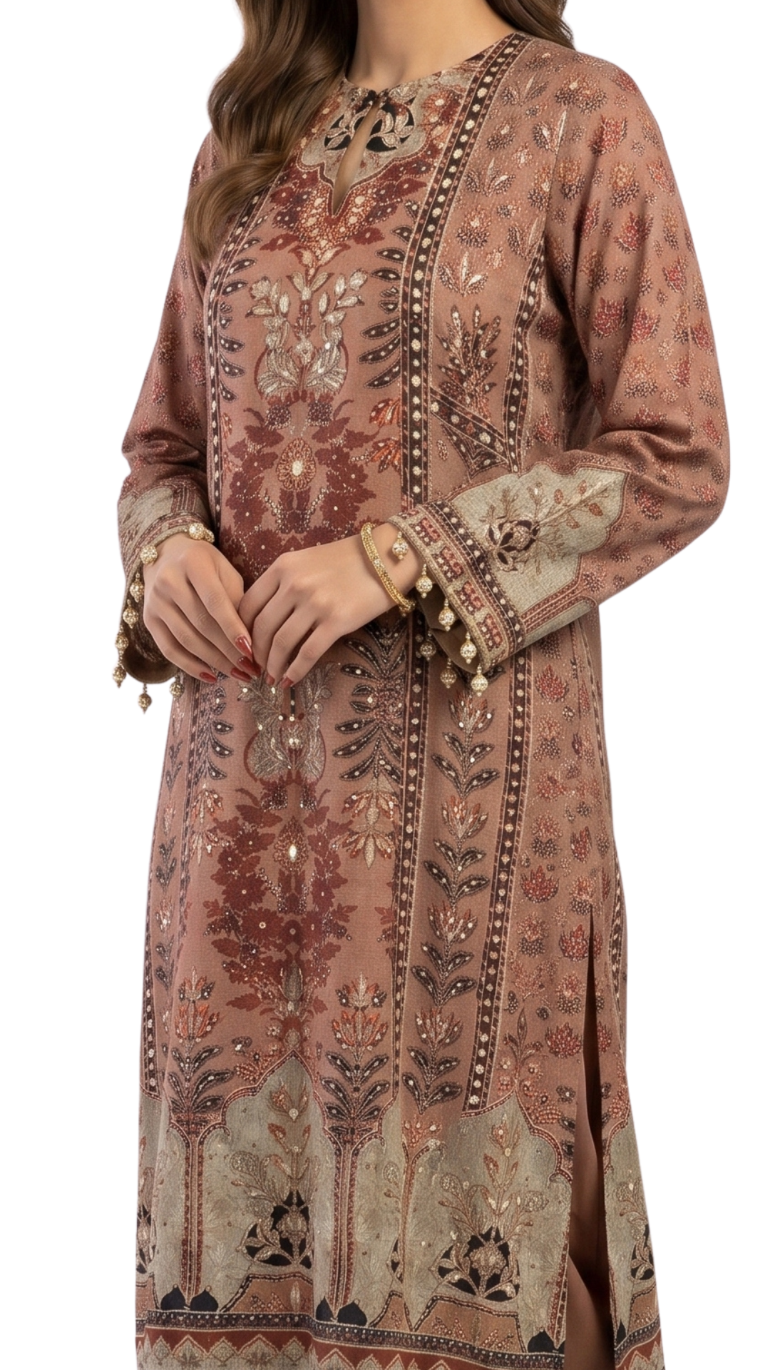 Brown Muslin Fabric Gota Pati Digital Print Sequins