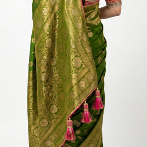 Green Banarasi Silk Saree with Stitched Pink Blouse and Weaving Work
