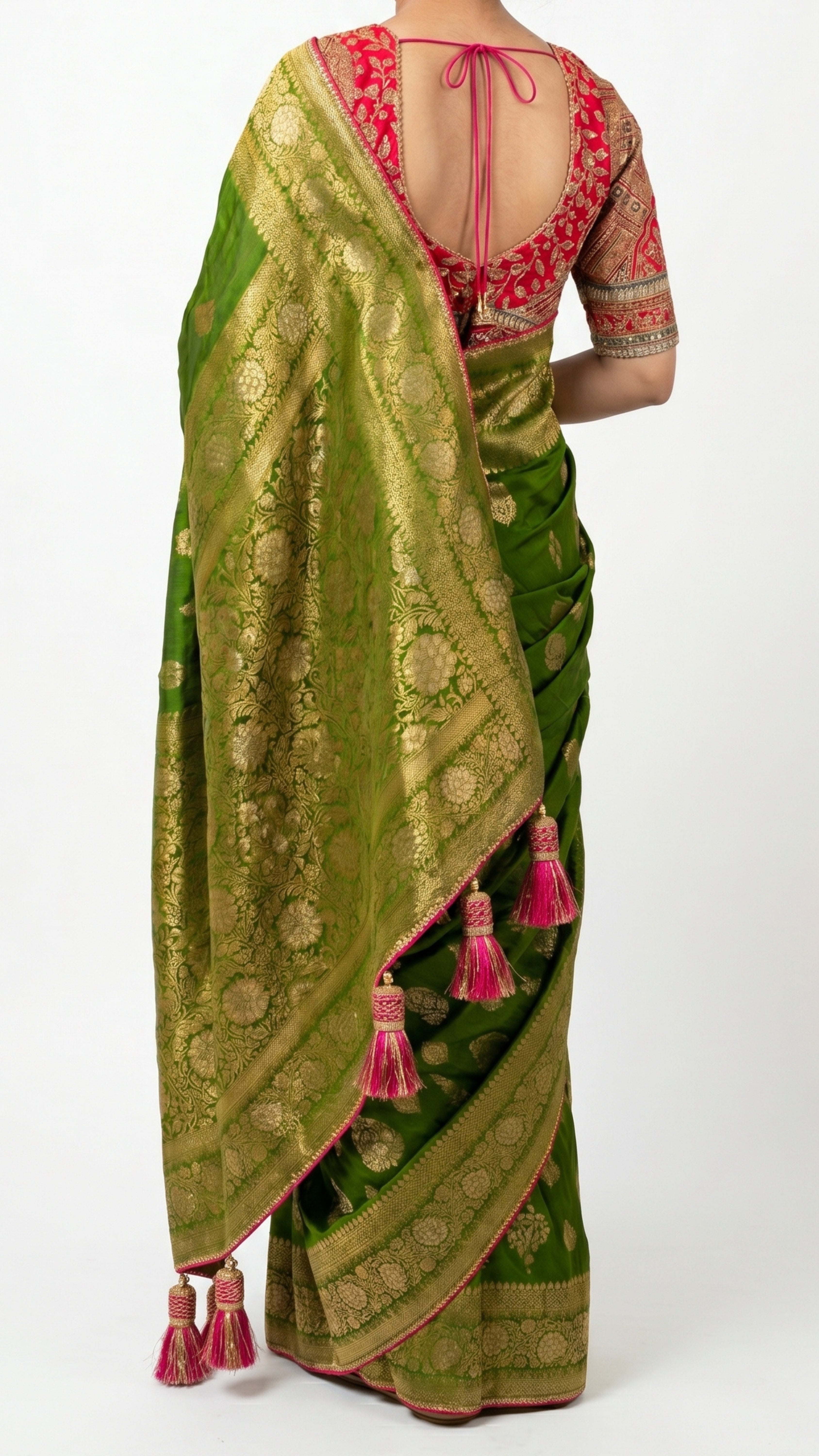 Green Banarasi Silk Saree with Stitched Pink Blouse and Weaving Work